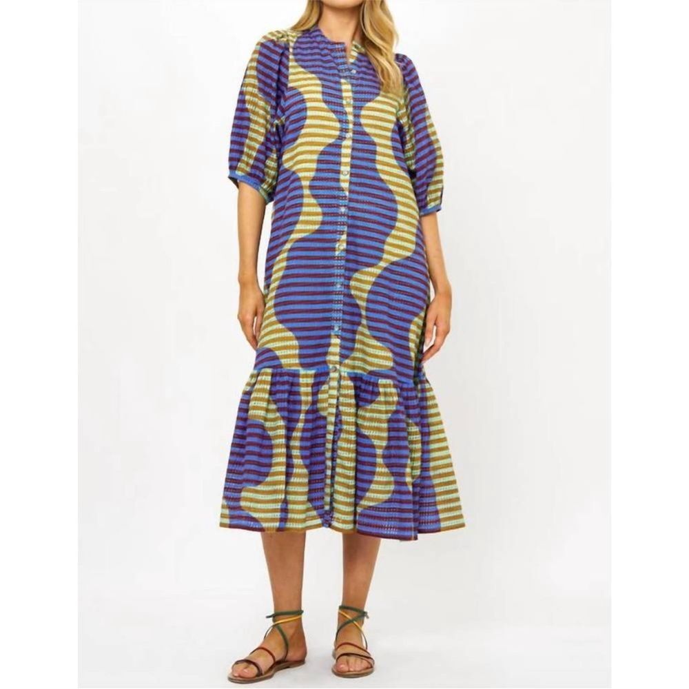 OLIPHANT Puff Sleeve Midi Dress in Haring Blue in Multi Size XS